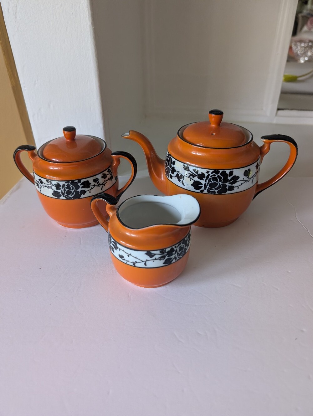 Vintage Tea Set Art Deco 1920-30 Orange Black Floral Accent Teapot